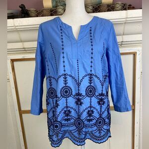 Talbots Blue V neck blouse w/ gorgeous black eyelet lace. Preppy boho